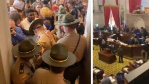 activistas de izquierda, padres y estudiantes marcharon hacia el Capitolio del estado de Tennessee